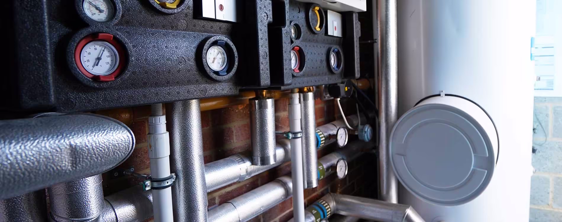 A close-up of a newly installed commercial hot water and heating system, highlighting the pressure gauges, insulated pipework, and hot water cylinder.