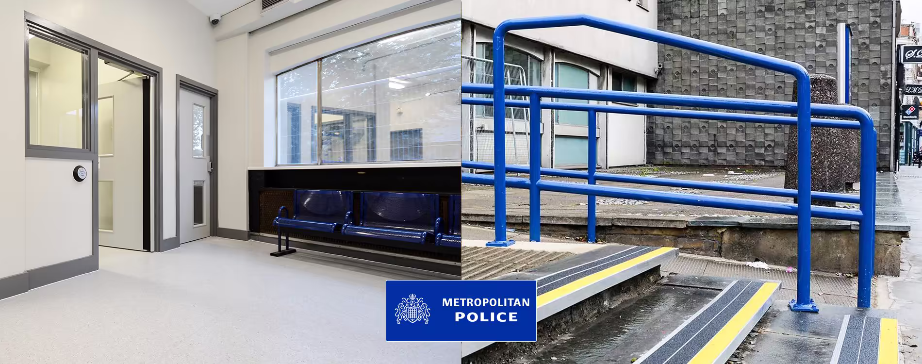 A split image showing the results of police station repair works, with a refurbished interior waiting area on the left and new external blue safety railings and access steps on the right, with the Metropolitan Police logo.
